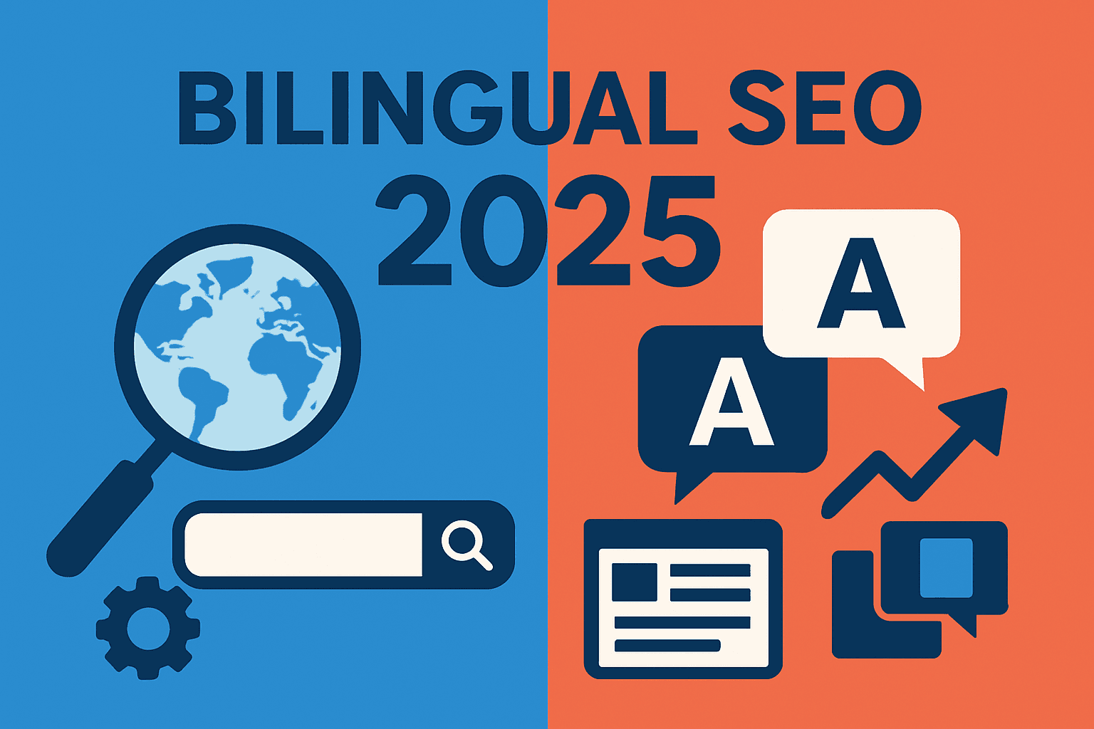 Split screen showing English and Spanish search results with SEO optimization elements