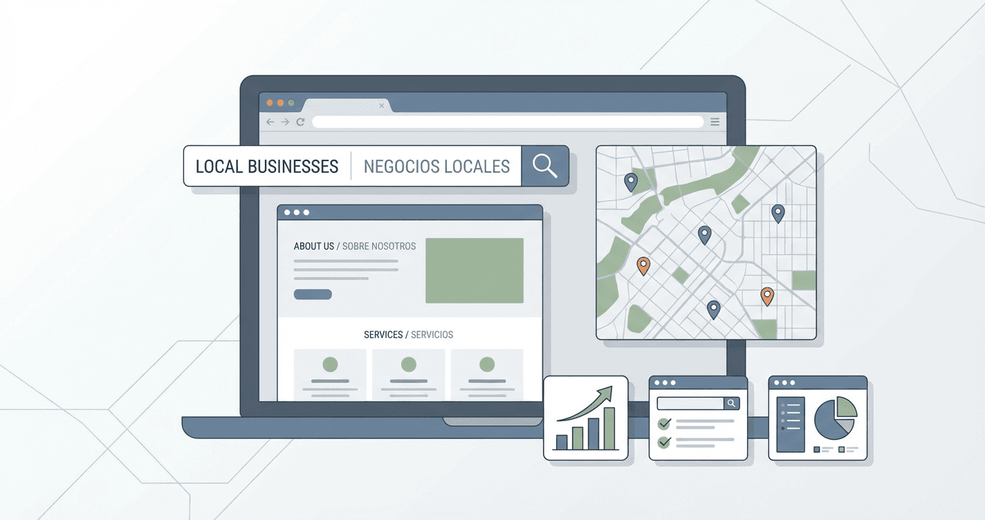 Local business storefront with bilingual English and Spanish signage and SEO optimization icons