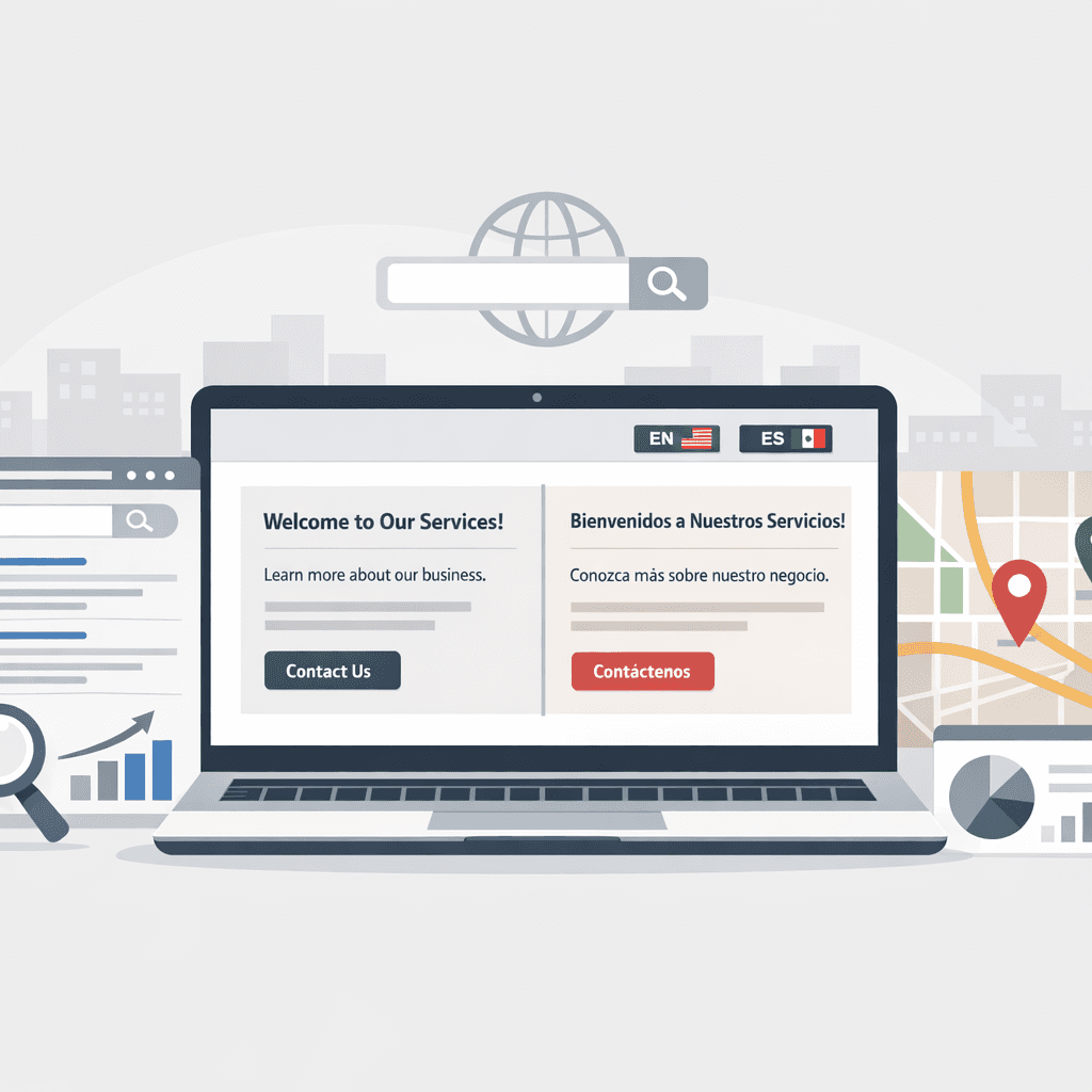 Phoenix skyline with bilingual SEO optimization elements showing English and Spanish search results