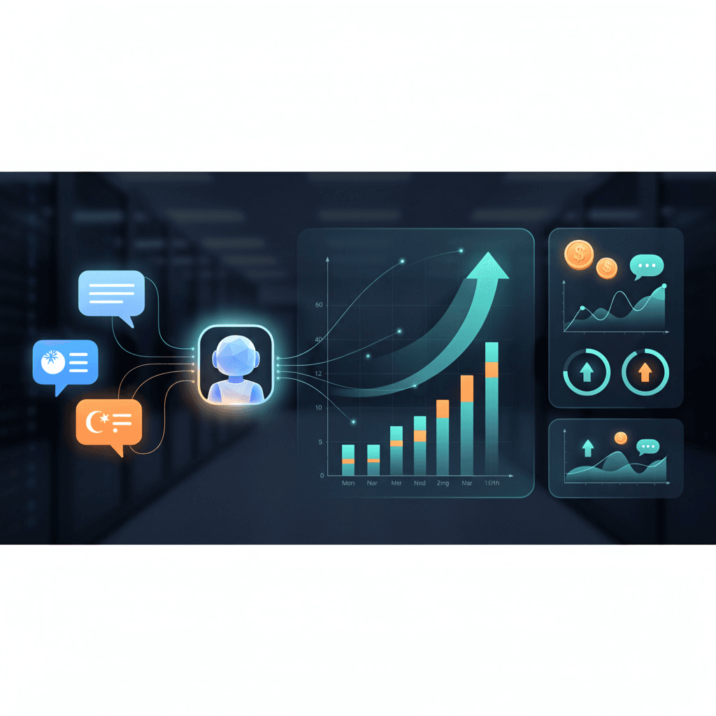 Dashboard showing chatbot ROI metrics including conversations handled, leads captured, and cost savings