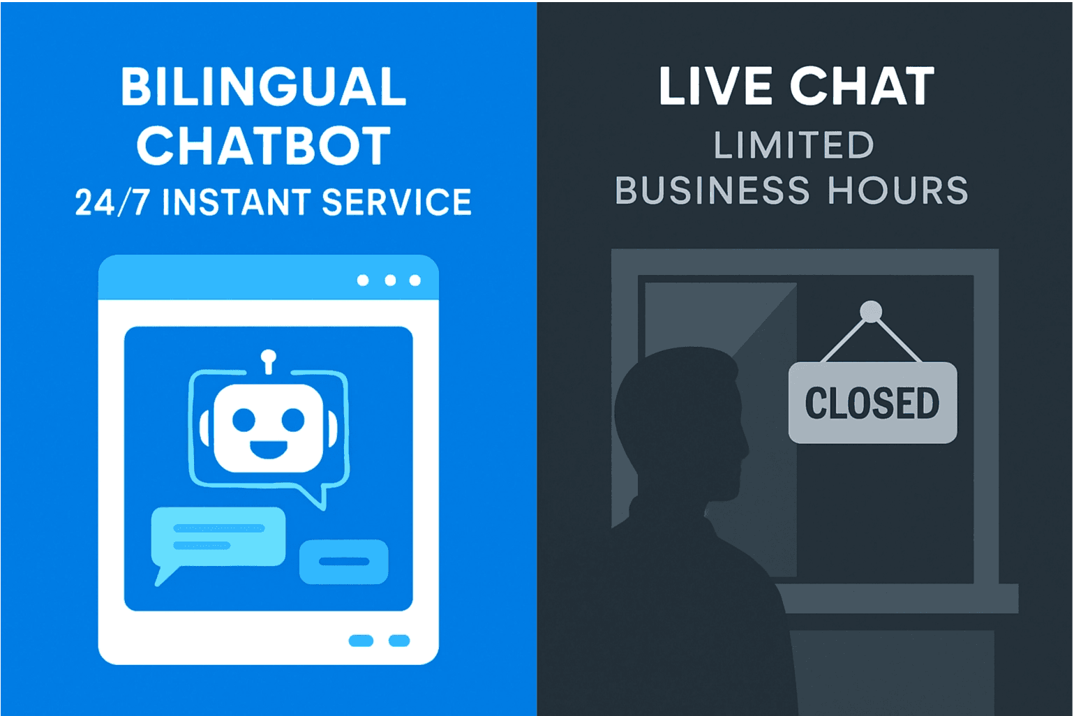 Side-by-side comparison of AI chatbot and live chat interfaces for customer support