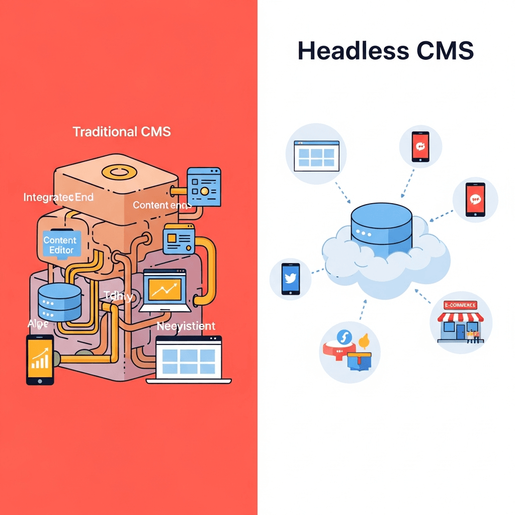 Diagram showing headless CMS architecture connecting to website, mobile app, and other channels