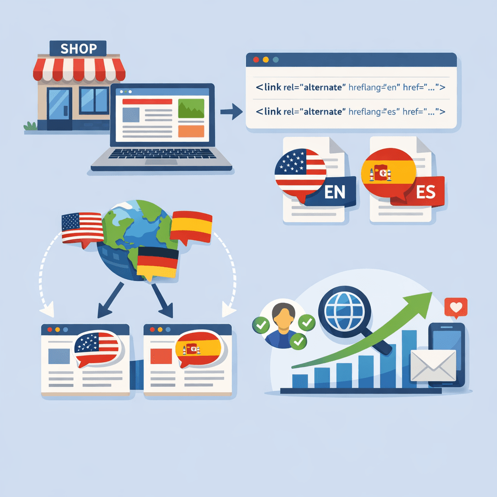 Diagram showing hreflang tag implementation for bilingual website with English and Spanish versions