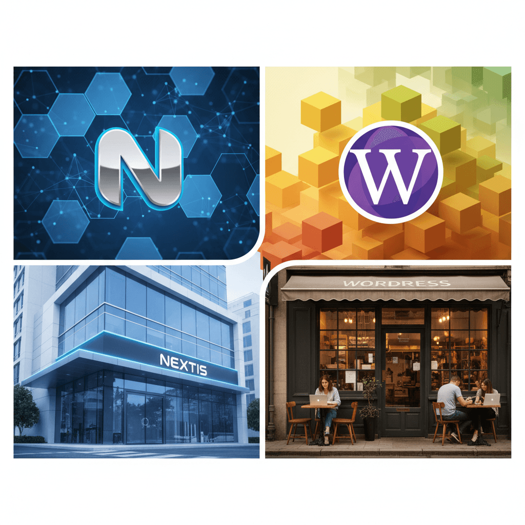 Side-by-side comparison of Next.js and WordPress development environments and websites