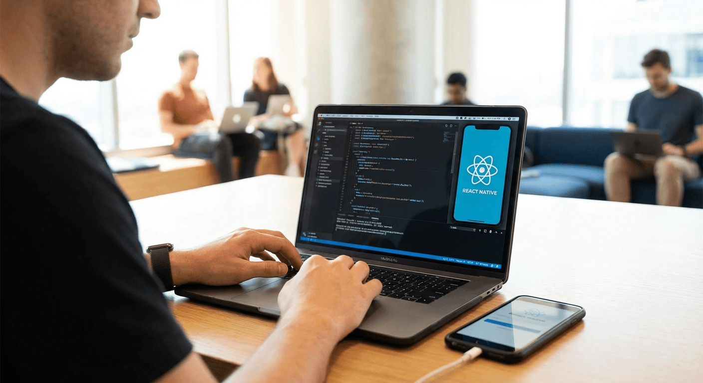 Mobile app development showing React Native code alongside iOS and Android device previews