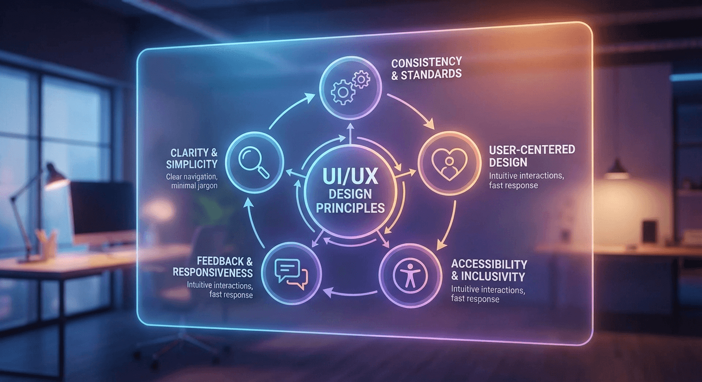 Modern UI/UX design workspace showing wireframes, prototypes, and design system components