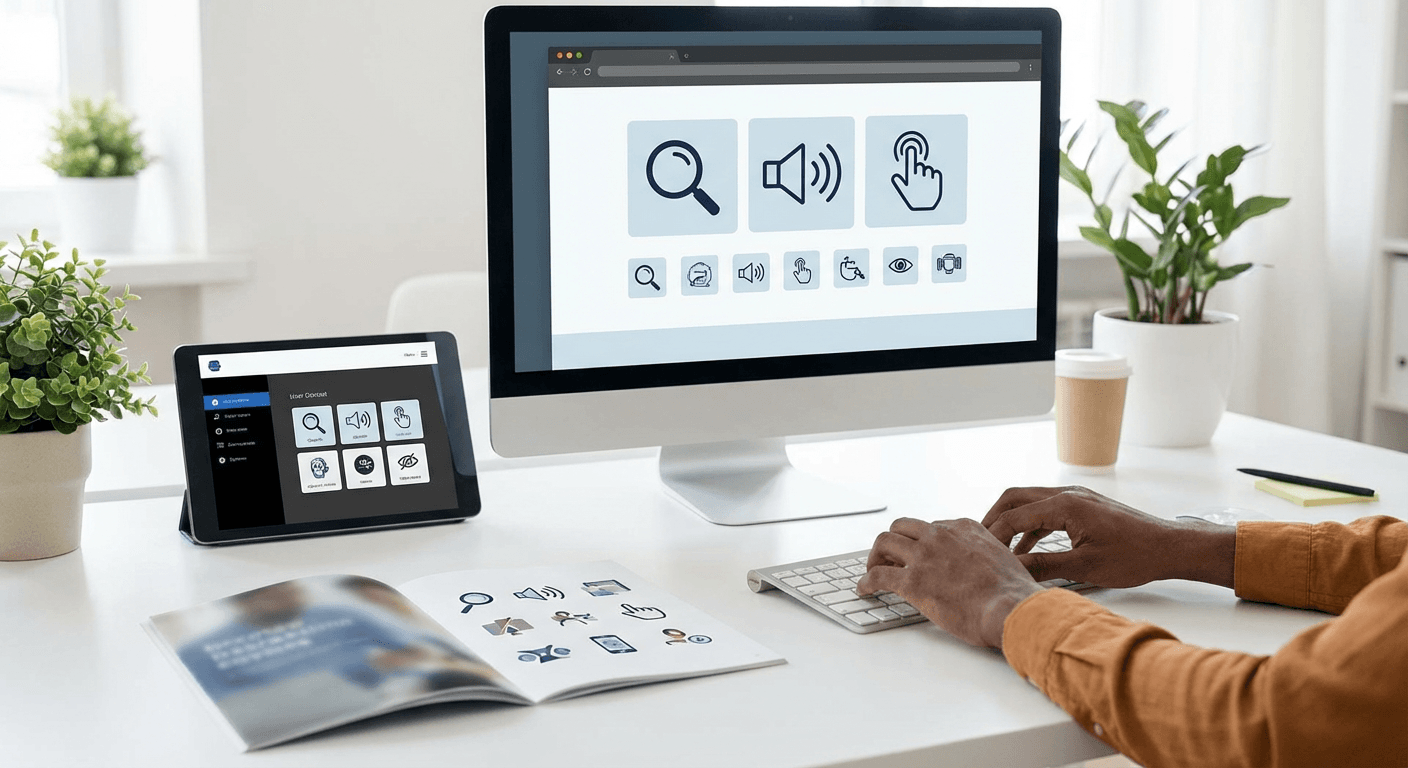 Accessible web design showcase with various assistive technology devices and inclusive interface elements
