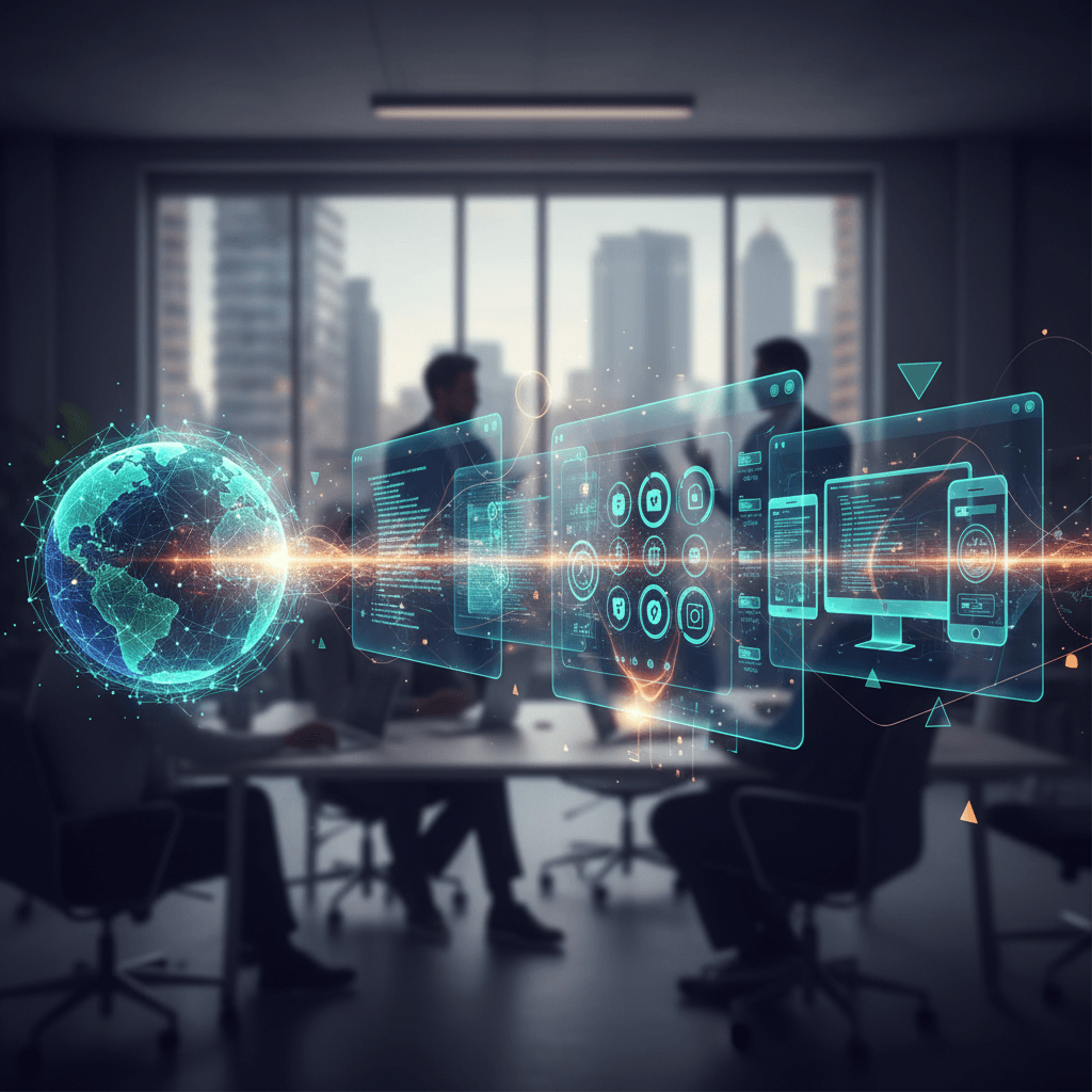 Futuristic web development workspace showing code editors, AI assistants, and modern development tools