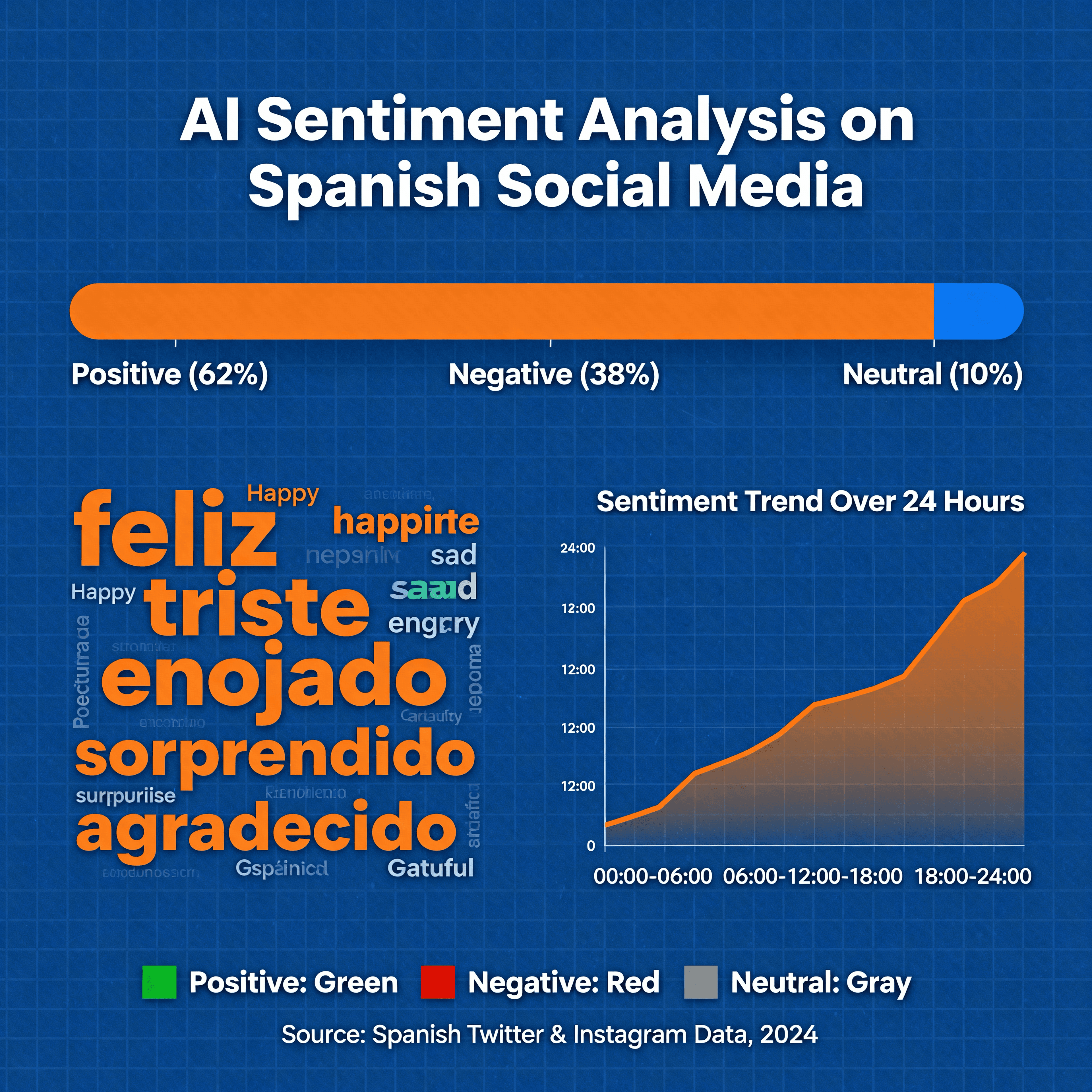 AI sentiment analysis dashboard showing Spanish social media mentions with positive negative and neutral classification
