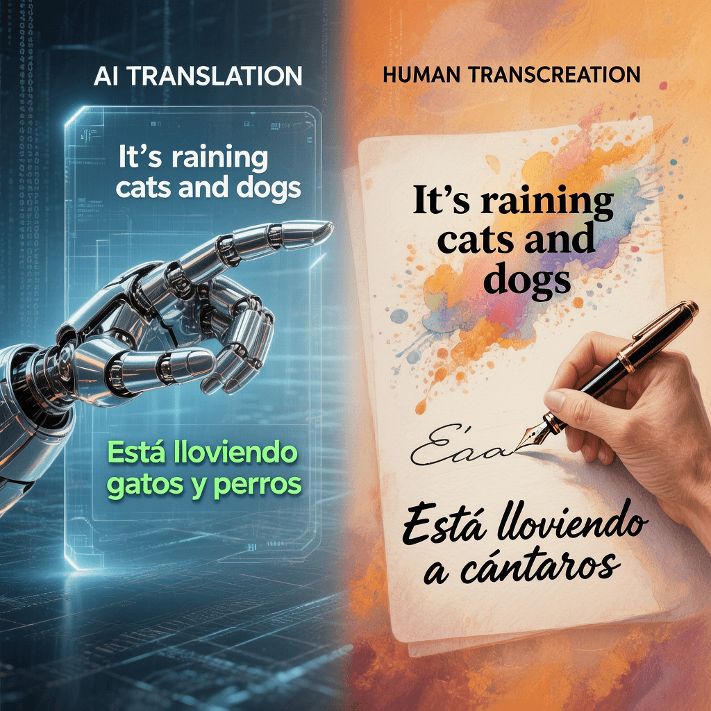 Split screen showing AI translation interface on one side and human translator working on creative Spanish marketing copy on the other