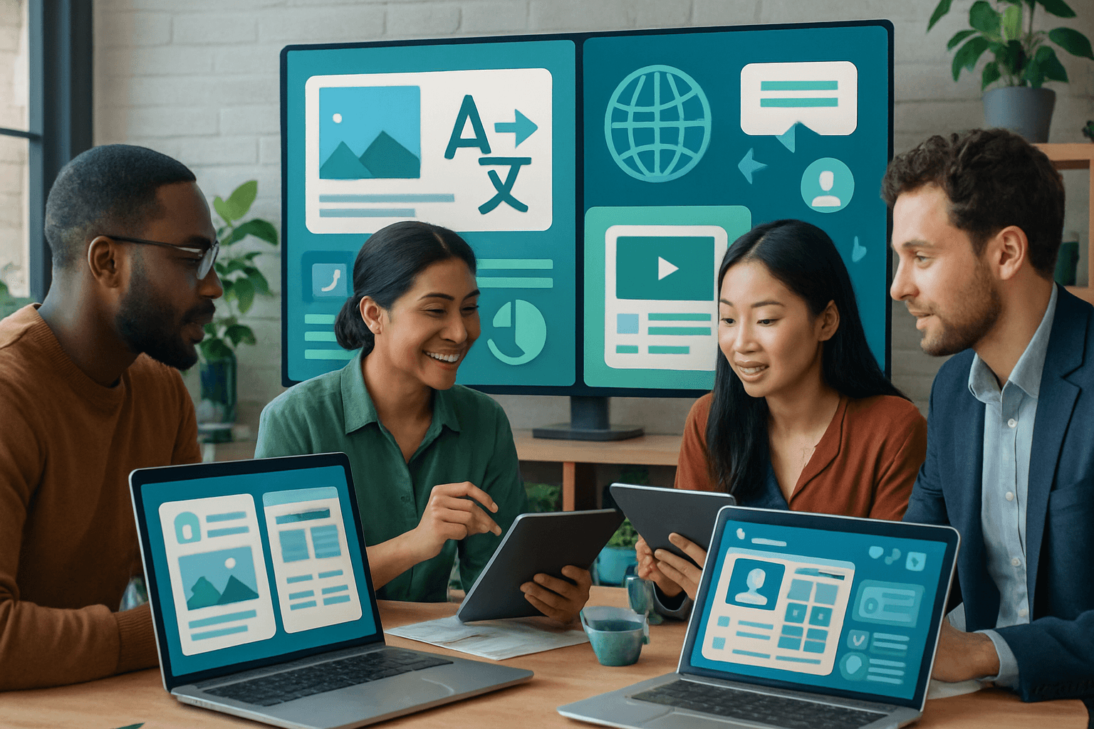 Marketing team collaborating on bilingual content calendar with English and Spanish content plans displayed on screens