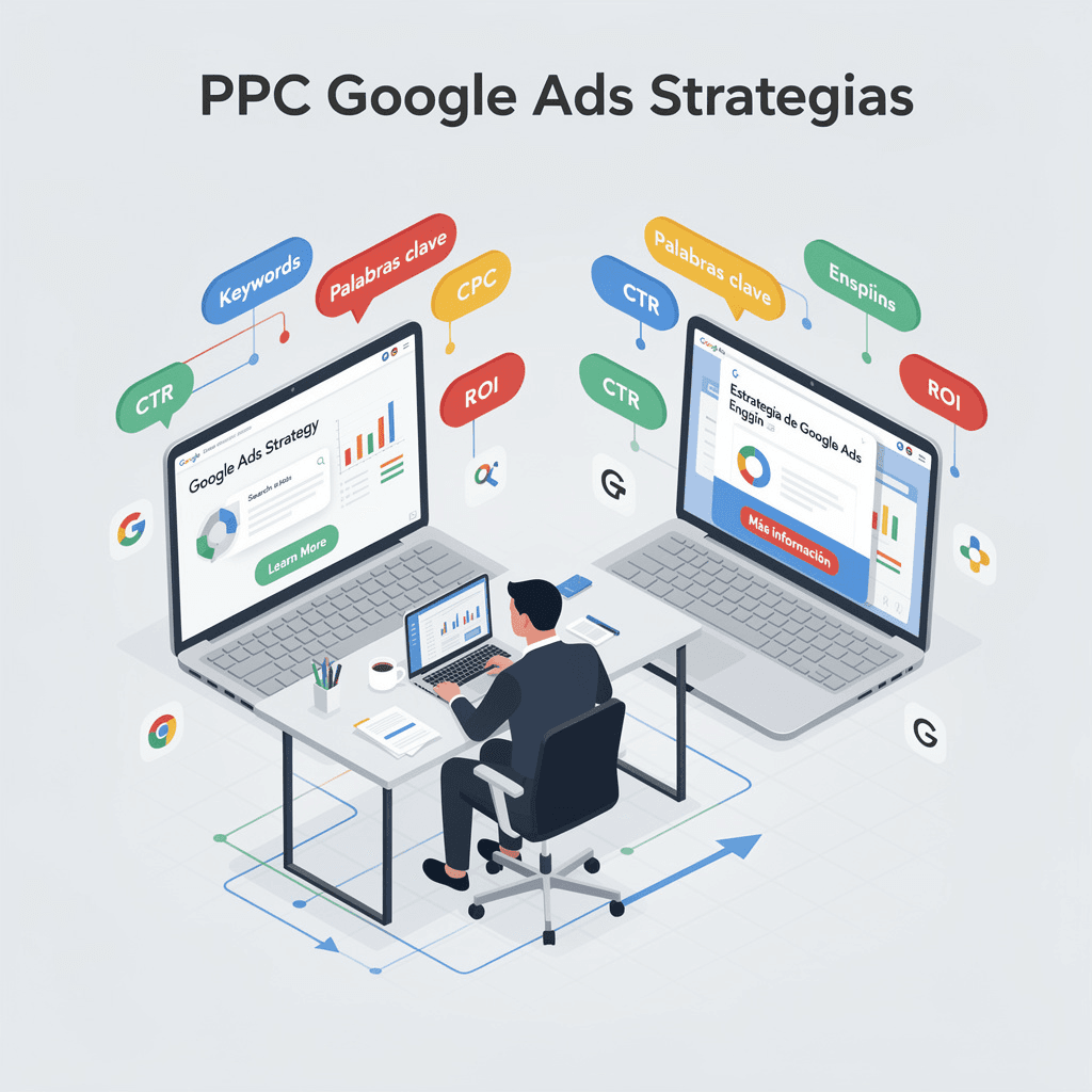 Google Ads dashboard showing bilingual campaign performance with English and Spanish ad groups and conversion metrics