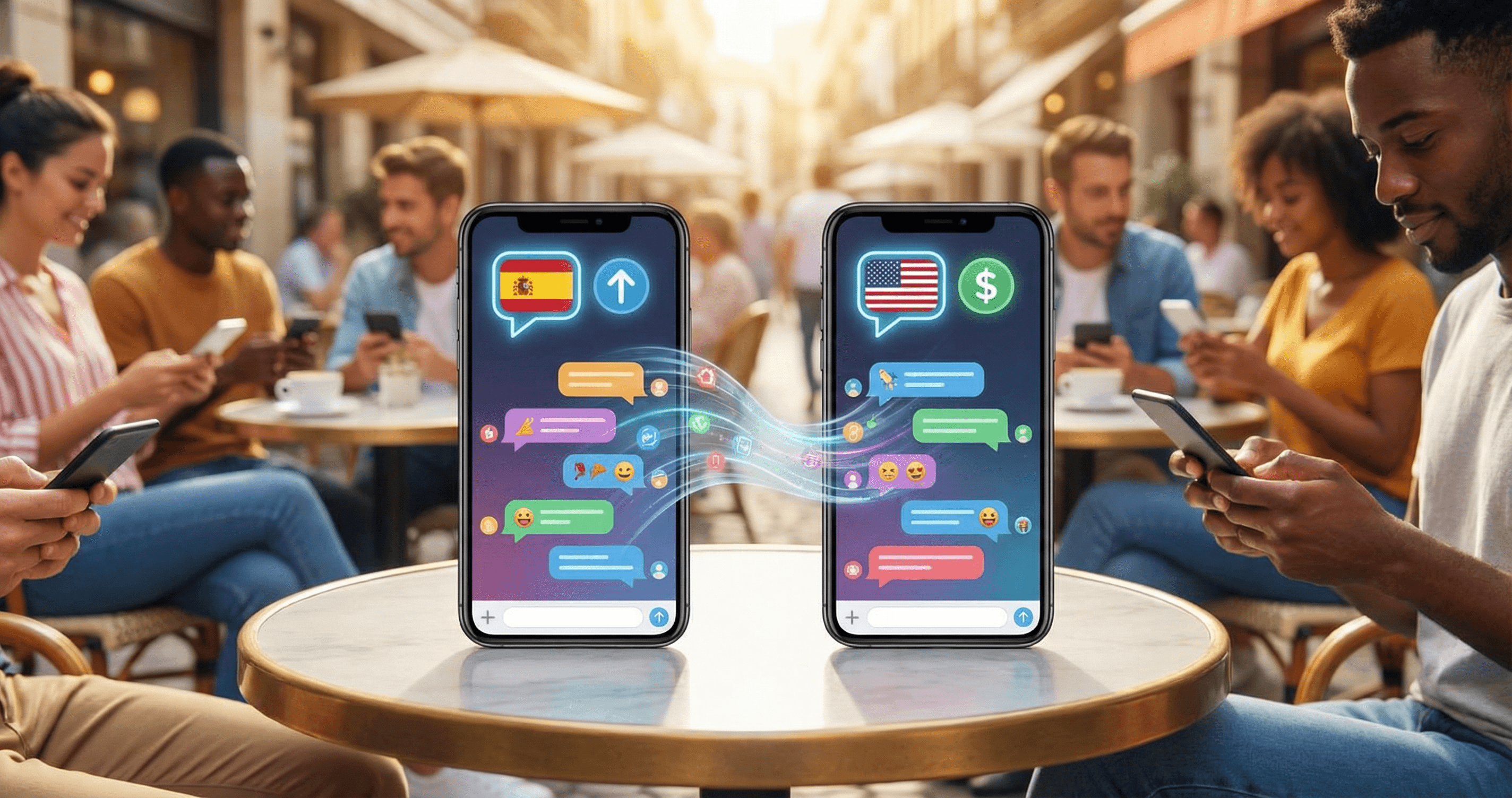 Smartphone displaying bilingual SMS marketing messages with English and Spanish promotional texts side by side