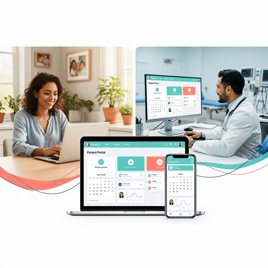 Healthcare patient portal interface showing Spanish language options and bilingual appointment scheduling