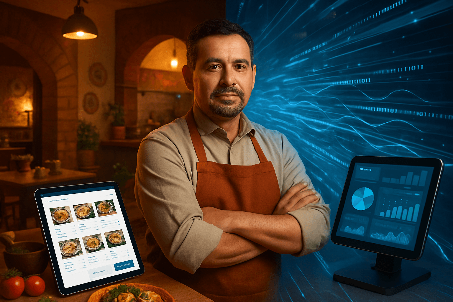 Vibrant Mexican restaurant interior with digital menu boards and customers using phones to interact with bilingual ordering system