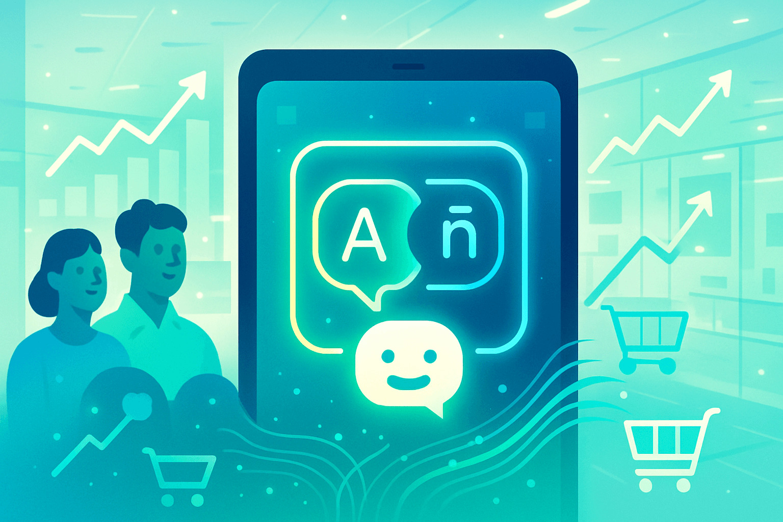 Retail store environment with digital screens showing bilingual chatbot interface helping Hispanic shoppers