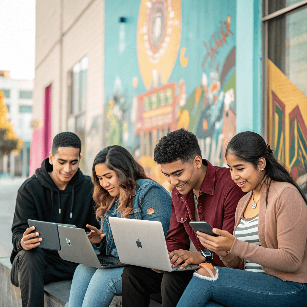 Diverse group of Gen Z Hispanic young adults engaging with content on smartphones and laptops in urban setting