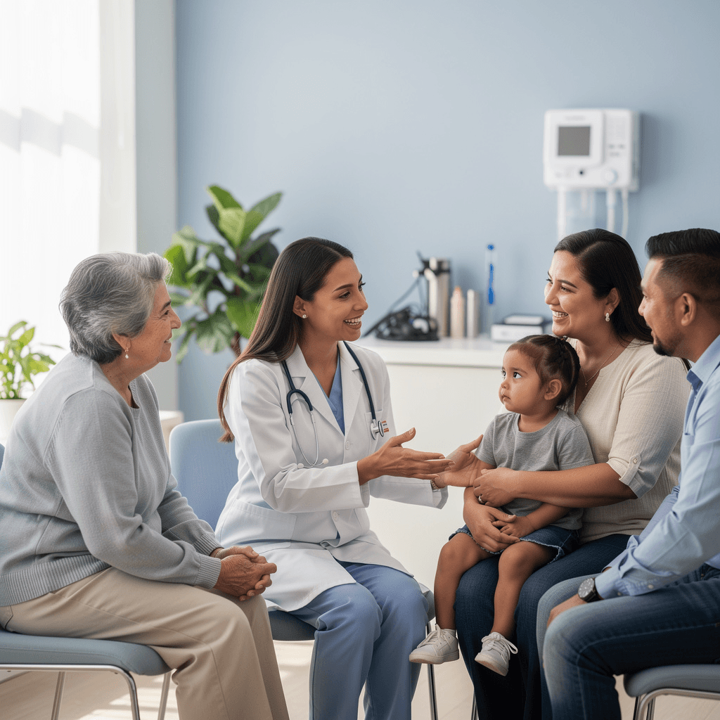 Hispanic family consulting with bilingual healthcare provider in medical office with Spanish language health materials visible