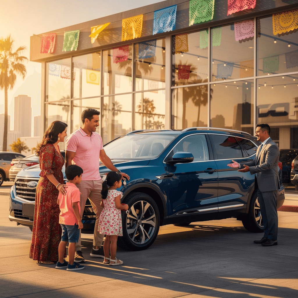 Hispanic family at car dealership receiving keys to new vehicle from bilingual sales representative