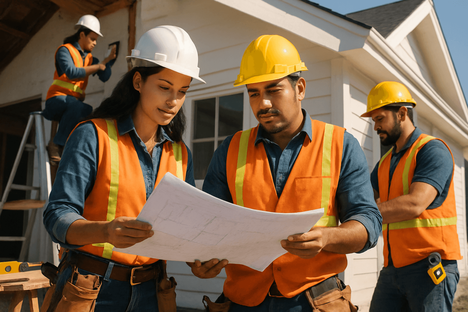 Hispanic contractor meeting with Latino homeowners reviewing home improvement plans with bilingual documentation