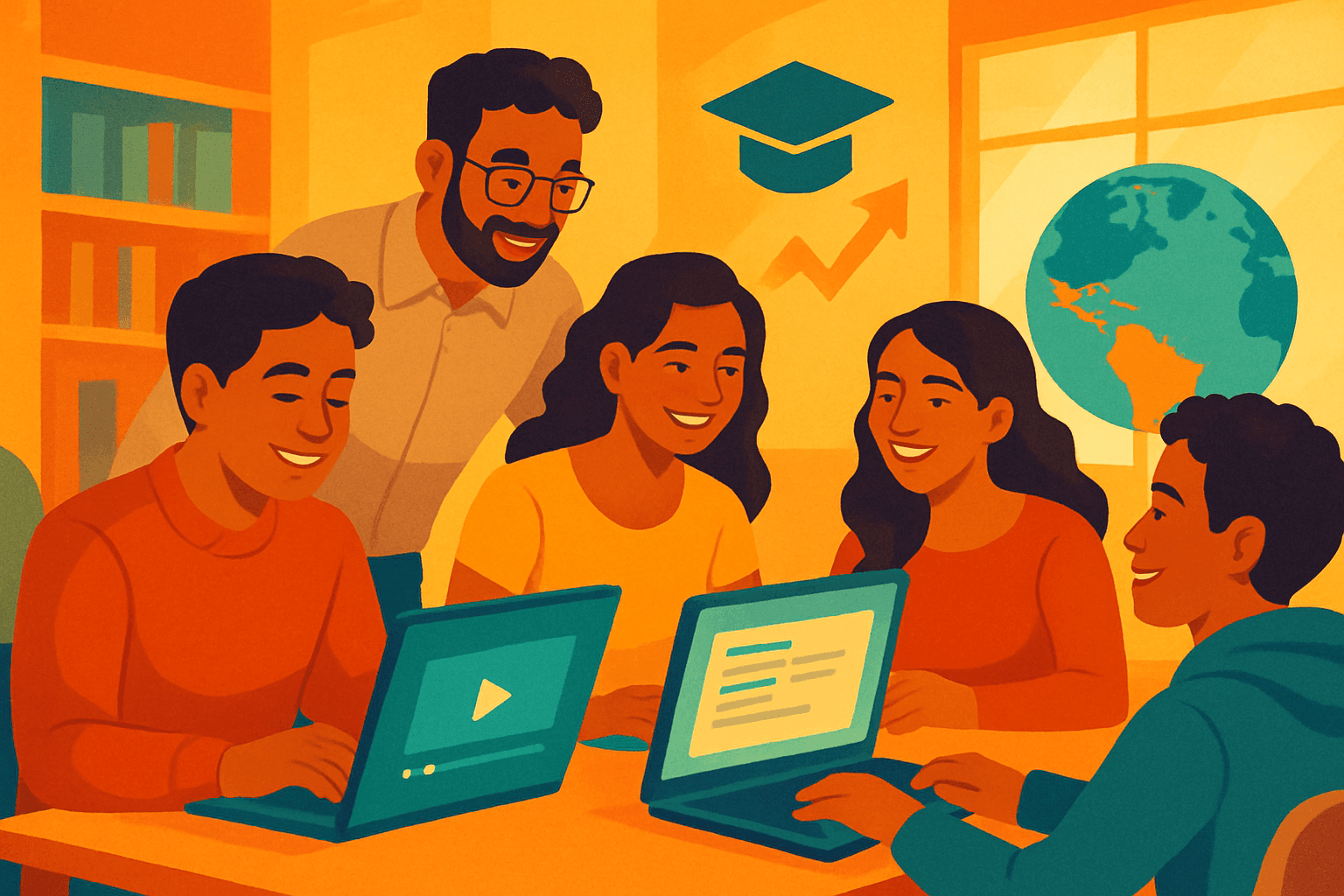 Diverse Hispanic students and family members at university campus tour with bilingual admissions materials