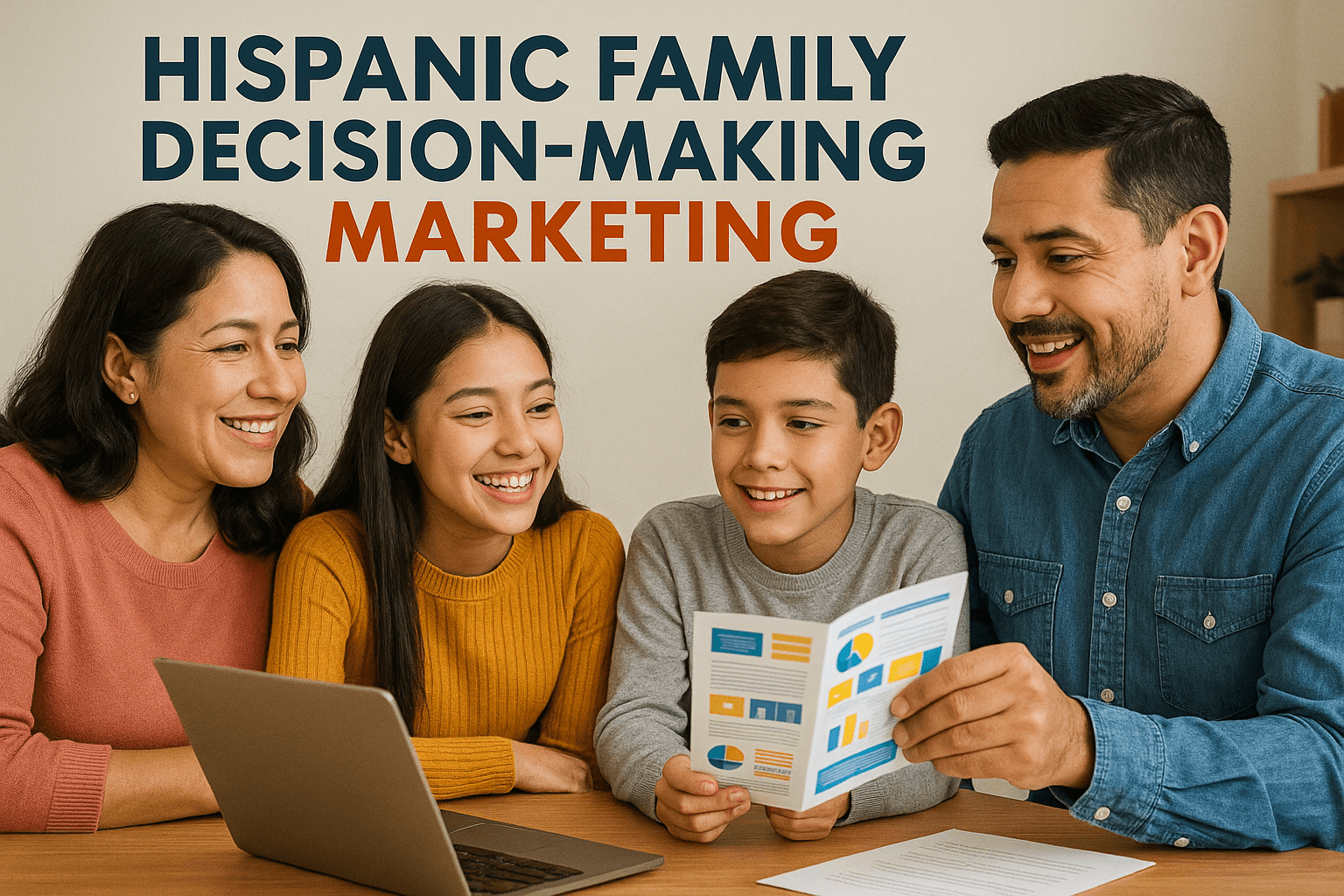 Multi-generational Hispanic family discussing purchase decision together with marketing touchpoints illustrated