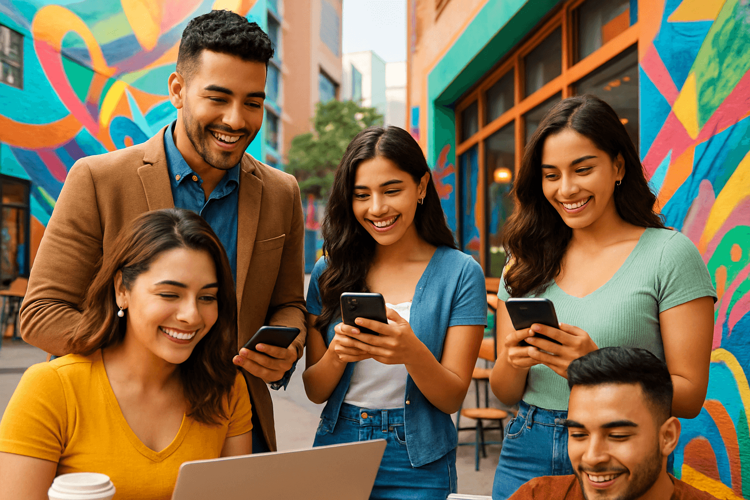 Diverse group of Hispanic millennial professionals engaging with brands through mobile devices in modern urban setting