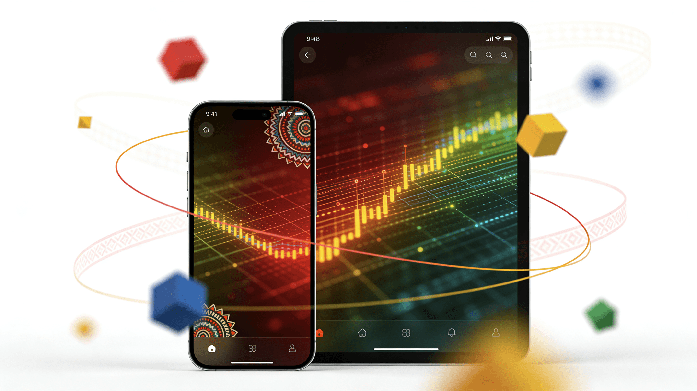 Hispanic family members using smartphones and tablets showing Spanish language apps and content in home setting