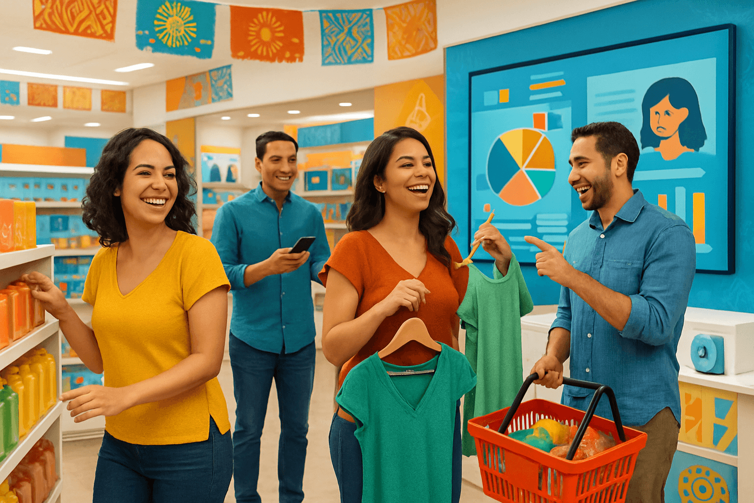 Diverse Hispanic family shopping together in retail store with bilingual signage and culturally-relevant product displays