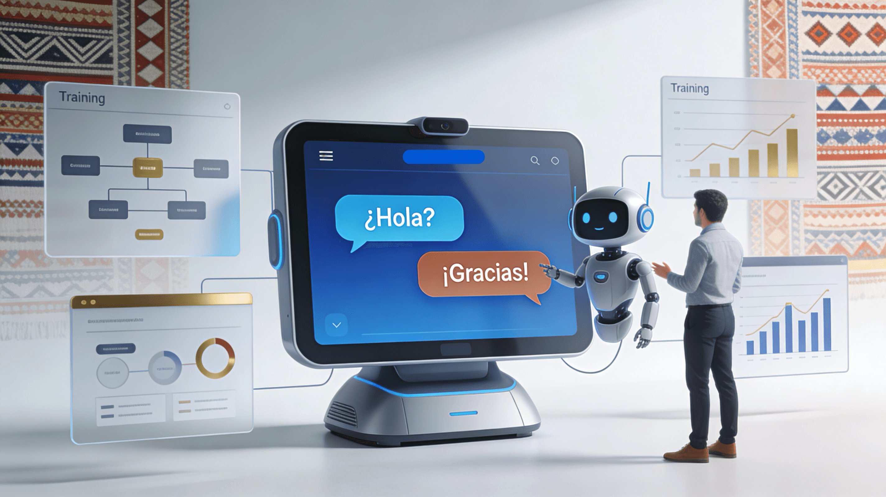 Developer training Spanish language chatbot with NLU interface showing intent recognition and Spanish conversation examples