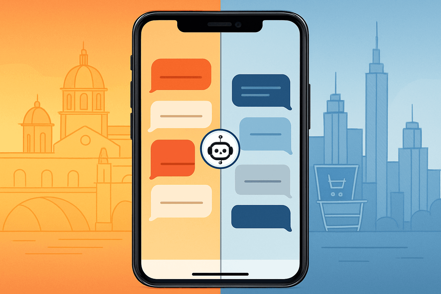 Collage showing bilingual chatbot interfaces across different industries including retail, healthcare, and banking
