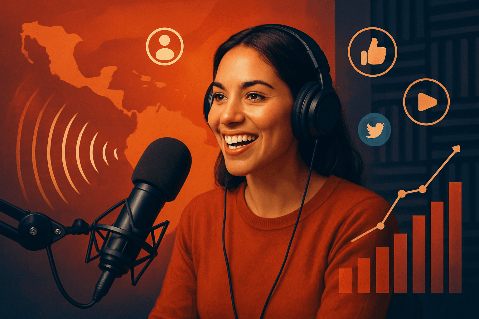 Hispanic podcast host recording in professional studio with Spanish-language content displayed on recording equipment