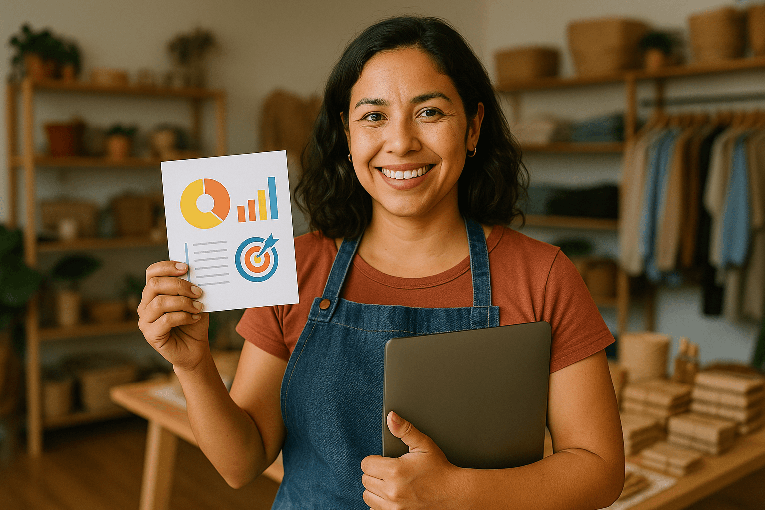 Hispanic small business owner in their establishment with B2B marketing touchpoints illustrated