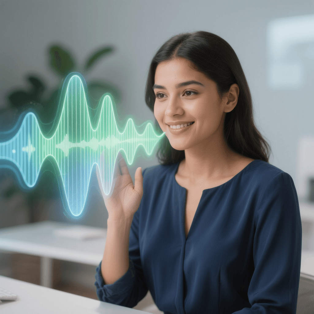 Customer using voice assistant on smart speaker with bilingual English and Spanish interface displayed on connected screen