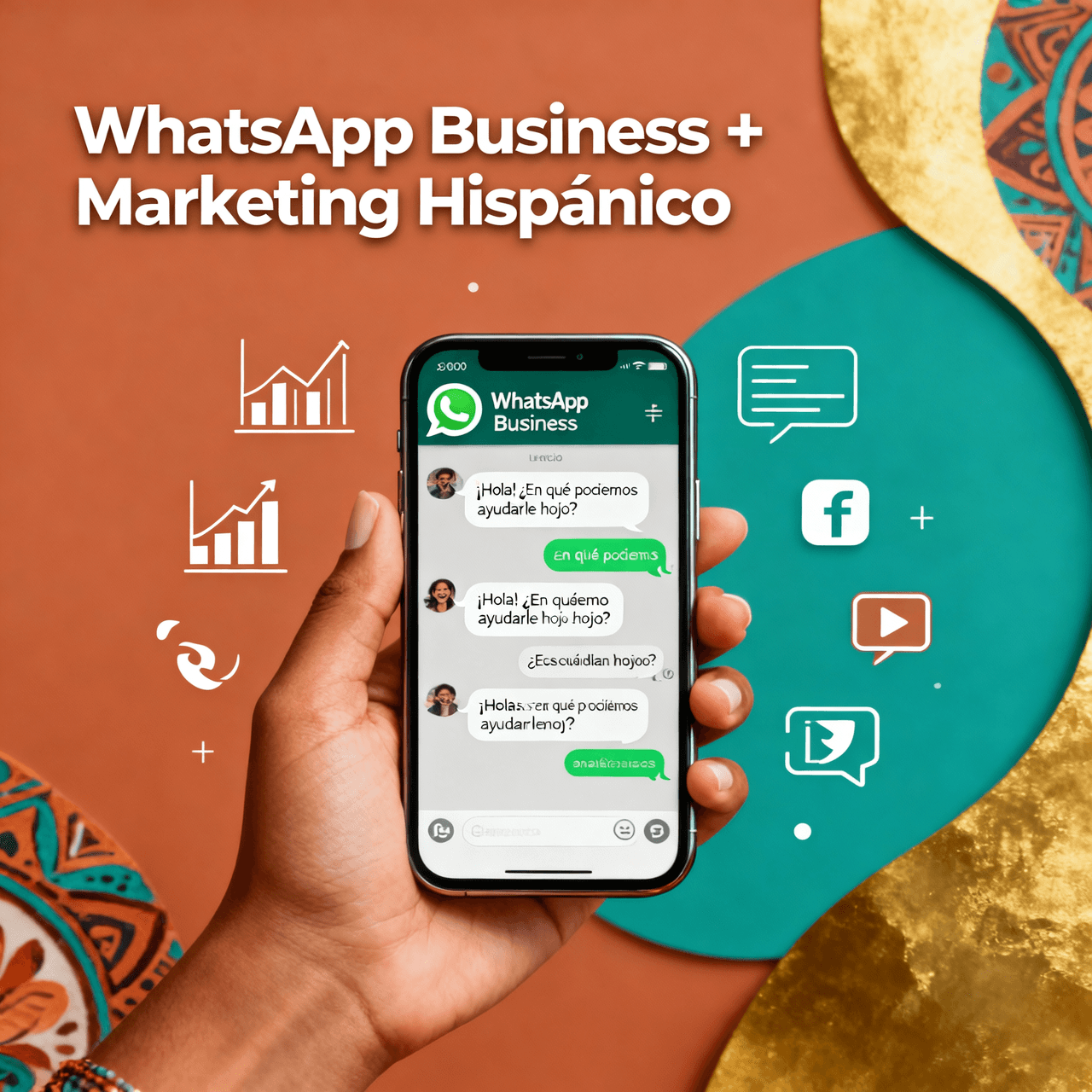 Business owner using WhatsApp Business on smartphone to communicate with Hispanic customers showing Spanish conversation interface
